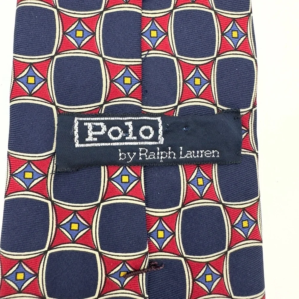 Polo Ralph Lauren Vintage Silk Tie Blue Red Yellow Cream Geometric Made In USA